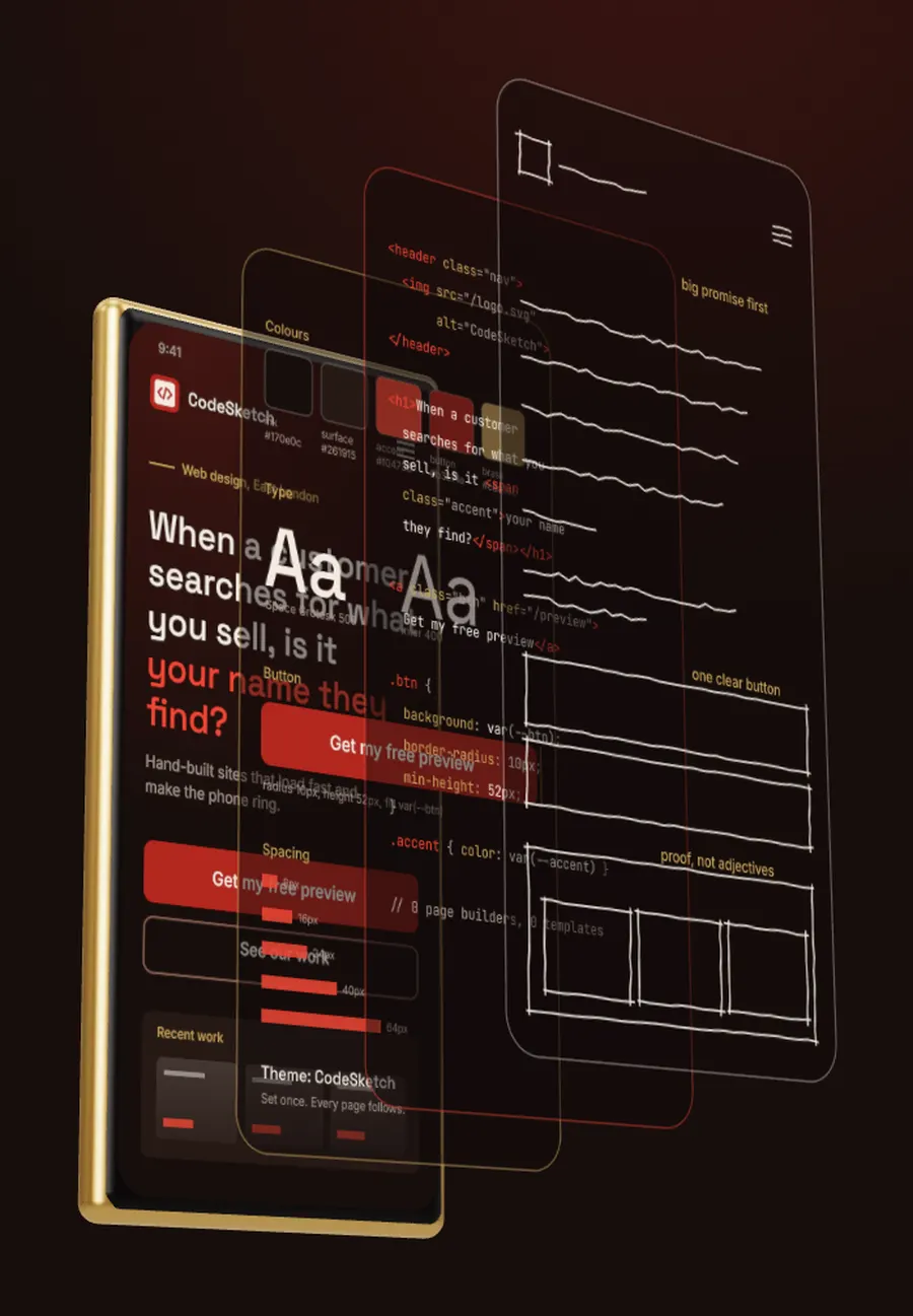 A phone pulled apart into four see-through layers: a pencil sketch, lines of code, a colour and type sheet, and the finished homepage.